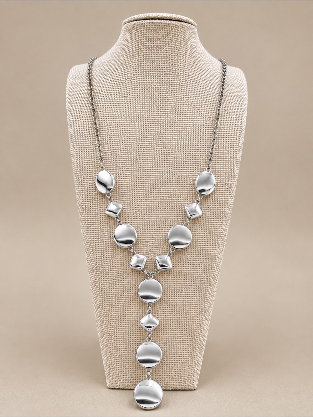 Silver Tone Geometric Disc Statement Necklace Modern Layering Jewelry Adjustable - Picture 3 of 5